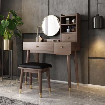 2 Pieces Minimalist Makeup Vanity Set in Walnut with Mirror & Stool